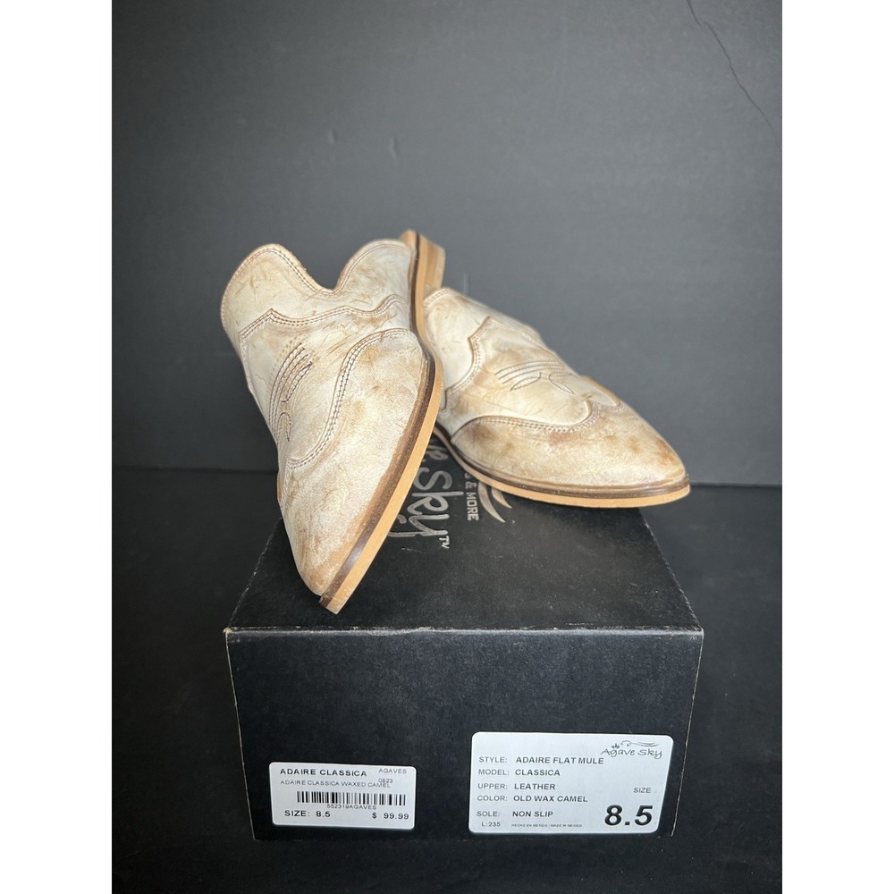 Agave Sky Western TypeLeather Mule Clogs Women's 8.5 Cream&brown Made Mexico